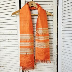 Vintage Orange and Gold Silk Scarf With Fringes